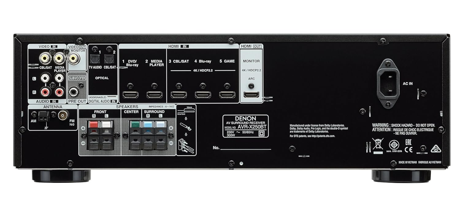 Denon AVR-X250BT 5.1 Ch. 4K Ultra HD AV Receiver with Bluetooth (Black)