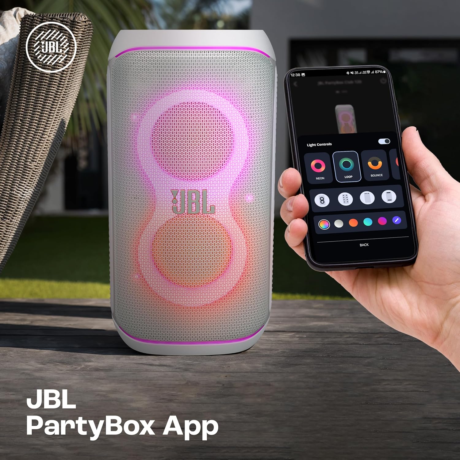 BL Partybox 120 Wireless Bluetooth 160W Party Speaker, AI Sound Boost, Futuristic Light Show, Upto 12Hrs Playtime,Multispeaker Connection by Auracast, Guitar & Mic Input, Splashproof (White)