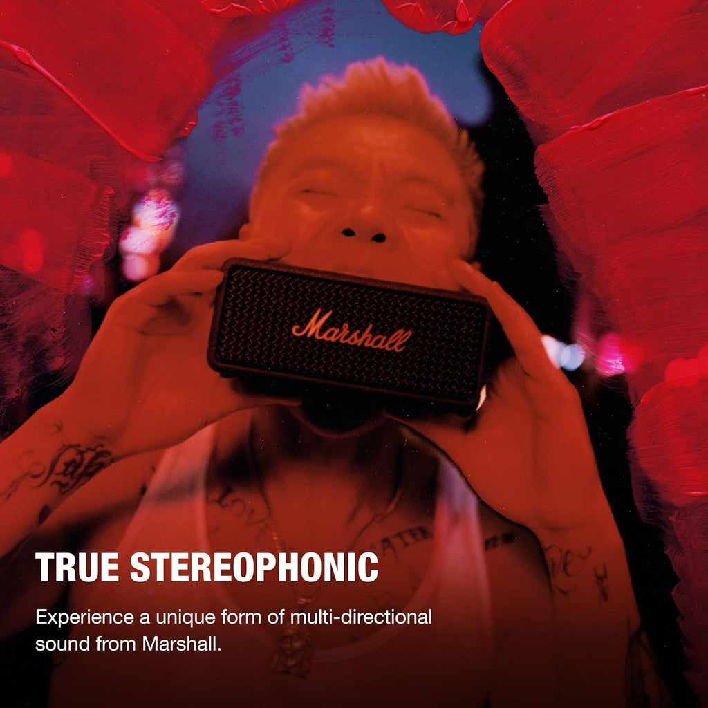 Marshall Emberton III Compact Portable Bluetooth Speaker with 32+ Hours of Playtime, (360° Sound), Dust & Waterproof (IP67) – Black & Brass.