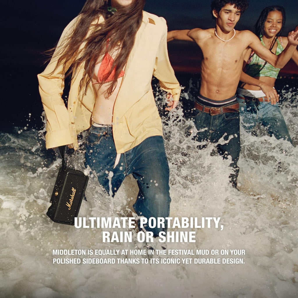 Marshall Middleton Portable Bluetooth Speaker with 20+ Hours of Portable Playtime, 360° Sound, Dust & Waterproof (IP67) - Black & Brass.