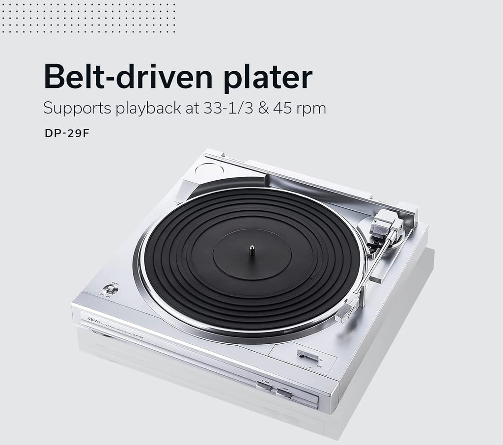 Denon DP-29F Automatic Belt-Drive Analog Turntable with Pre-Mounted Cartridge and Built-in Phono Preamp - Silver