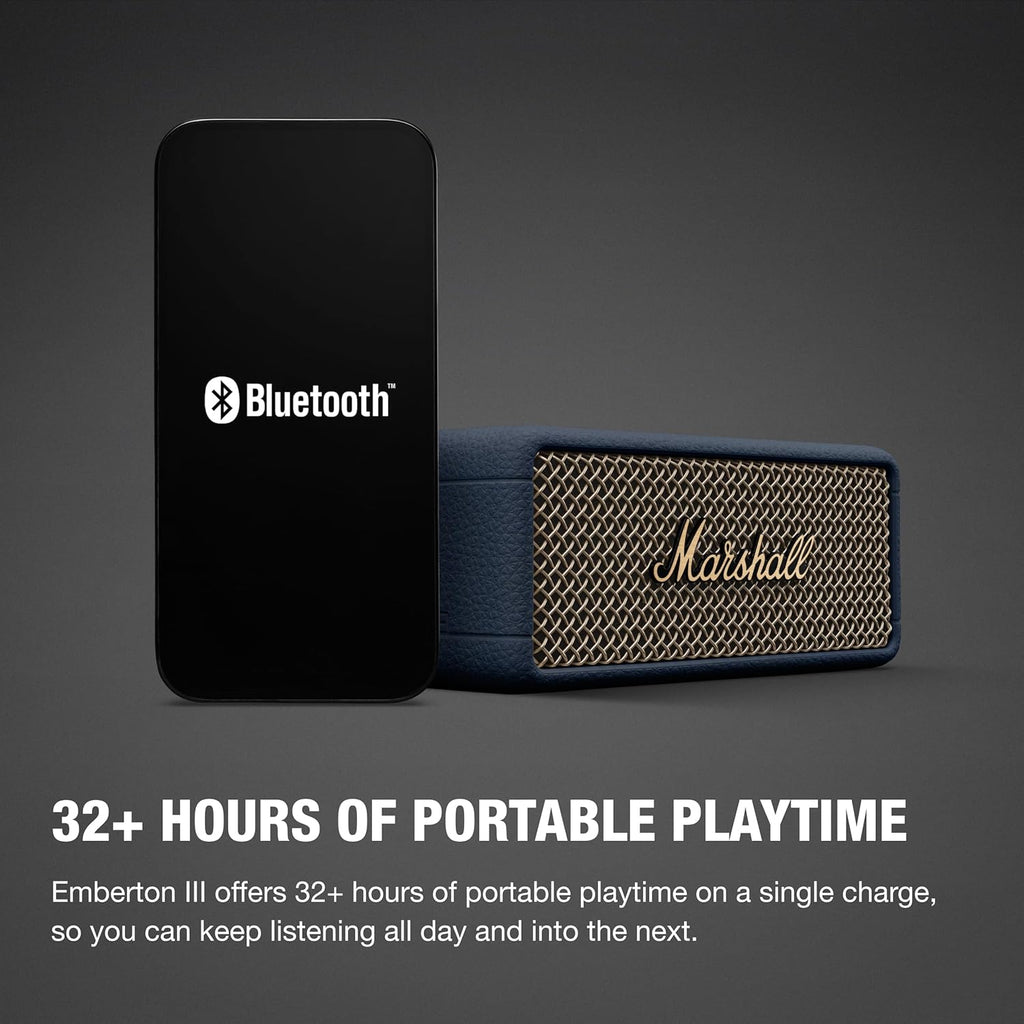 Marshall Emberton III Compact Portable Bluetooth Speaker with 32+ Hours of Playtime, (360° Sound), Dust & Waterproof (IP67) – Midnight Blue.