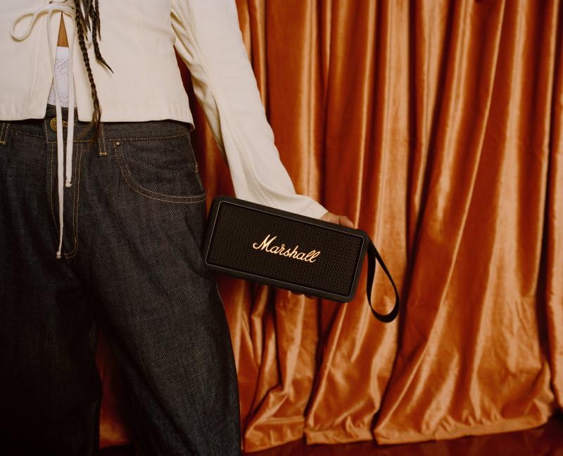 Marshall Middleton Portable Bluetooth Speaker with 20+ Hours of Portable Playtime, 360° Sound, Dust & Waterproof (IP67) - Black & Brass.