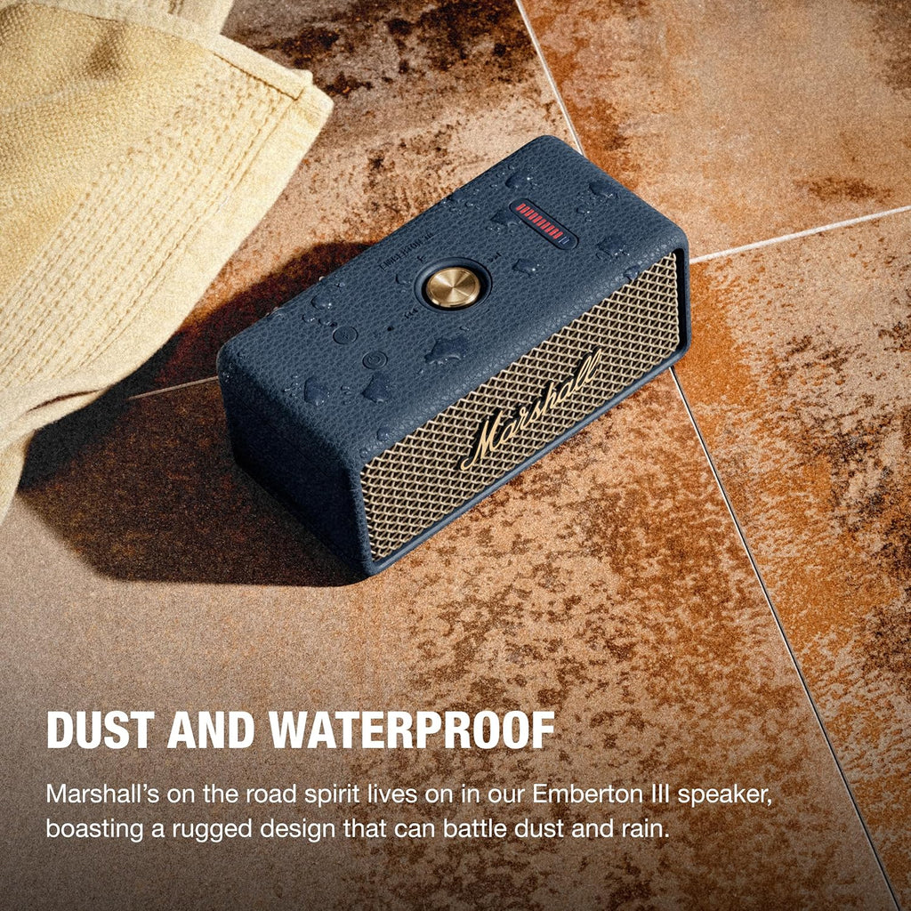 Marshall Emberton III Compact Portable Bluetooth Speaker with 32+ Hours of Playtime, (360° Sound), Dust & Waterproof (IP67) – Midnight Blue.
