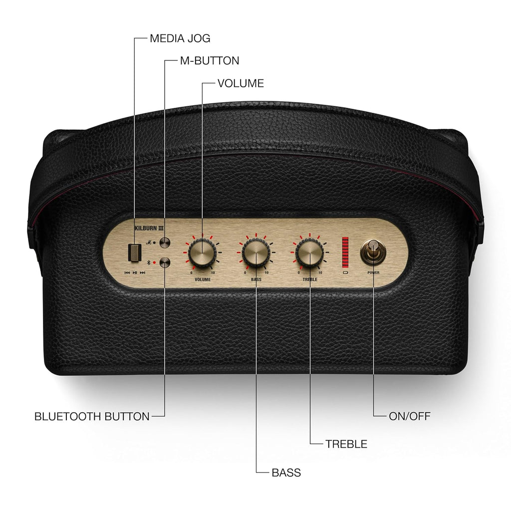 Marshall Kilburn III Portable Bluetooth Speaker with 50+ Hours of Portable Playtime, (360° Sound), Dust & Water-Resistant (IP54) – Black & Brass.
