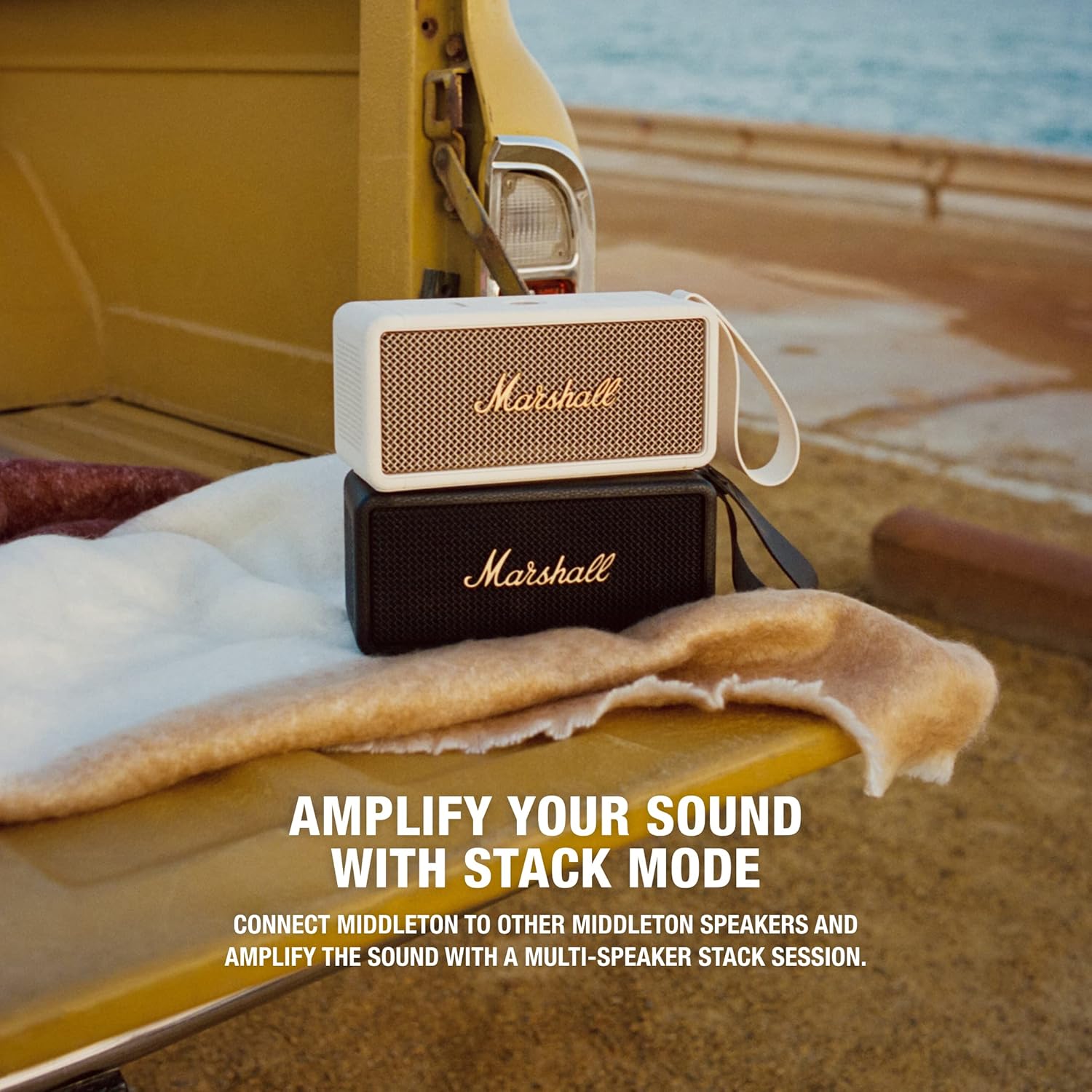 Marshall Middleton Portable Bluetooth Speaker with 20+ Hours of Portable Playtime, 360° Sound, Dust & Waterproof (IP67) - Black & Brass.