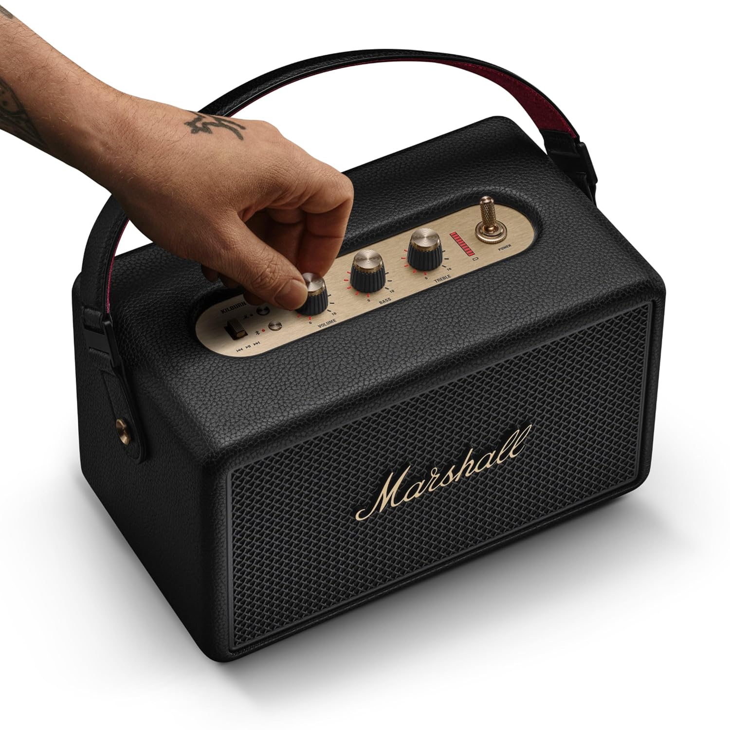 Marshall Kilburn III Portable Bluetooth Speaker with 50+ Hours of Portable Playtime, (360° Sound), Dust & Water-Resistant (IP54) – Black & Brass.