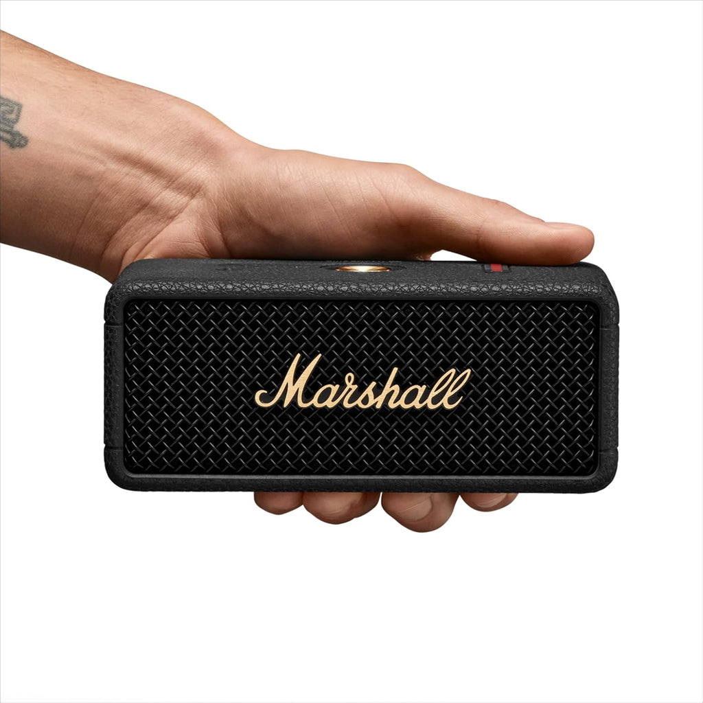 Marshall Emberton III Compact Portable Bluetooth Speaker with 32+ Hours of Playtime, (360° Sound), Dust & Waterproof (IP67) – Black & Brass.